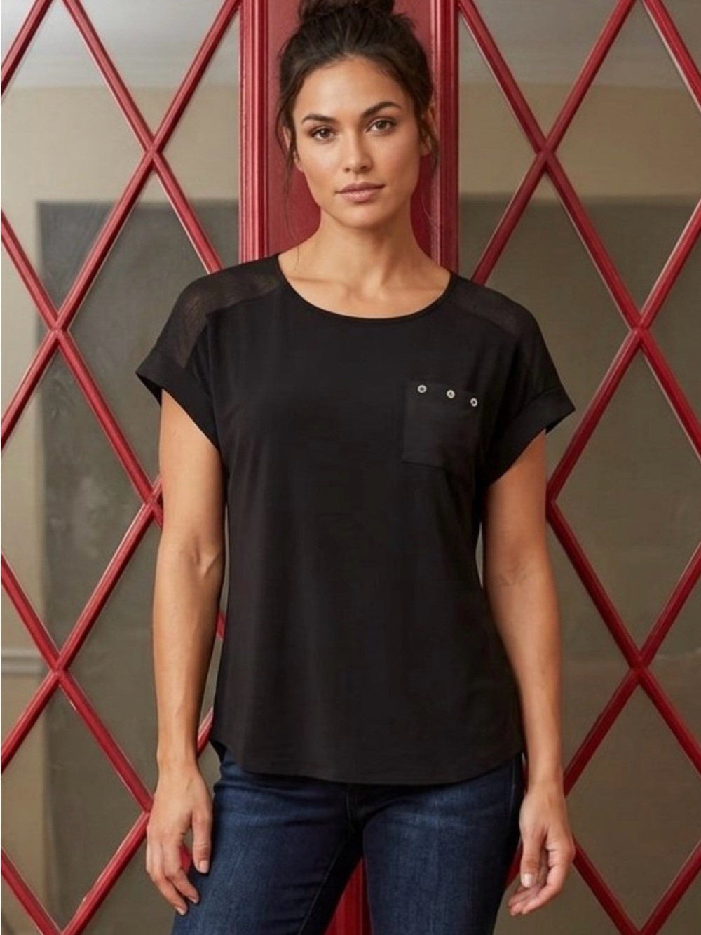 Women's Black Short-Sleeve Pocket Shirt with Grommet Detail